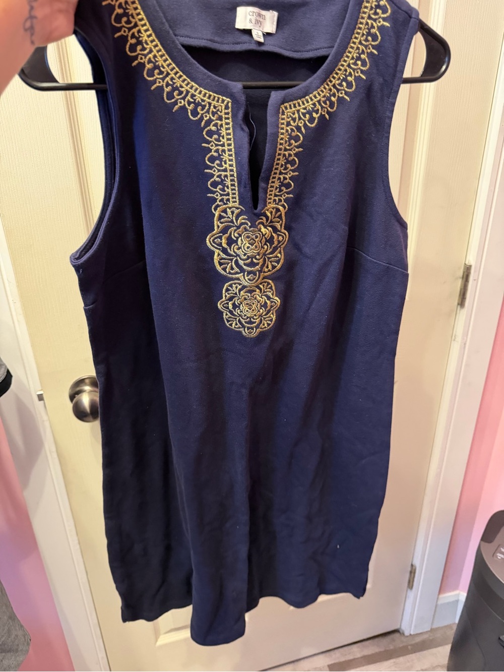 crown & ivy Navy Swim Coverup with Gold Embroidery